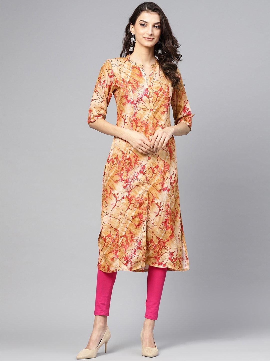 Women's Beige & Pink Printed Straight Kurta - Meeranshi