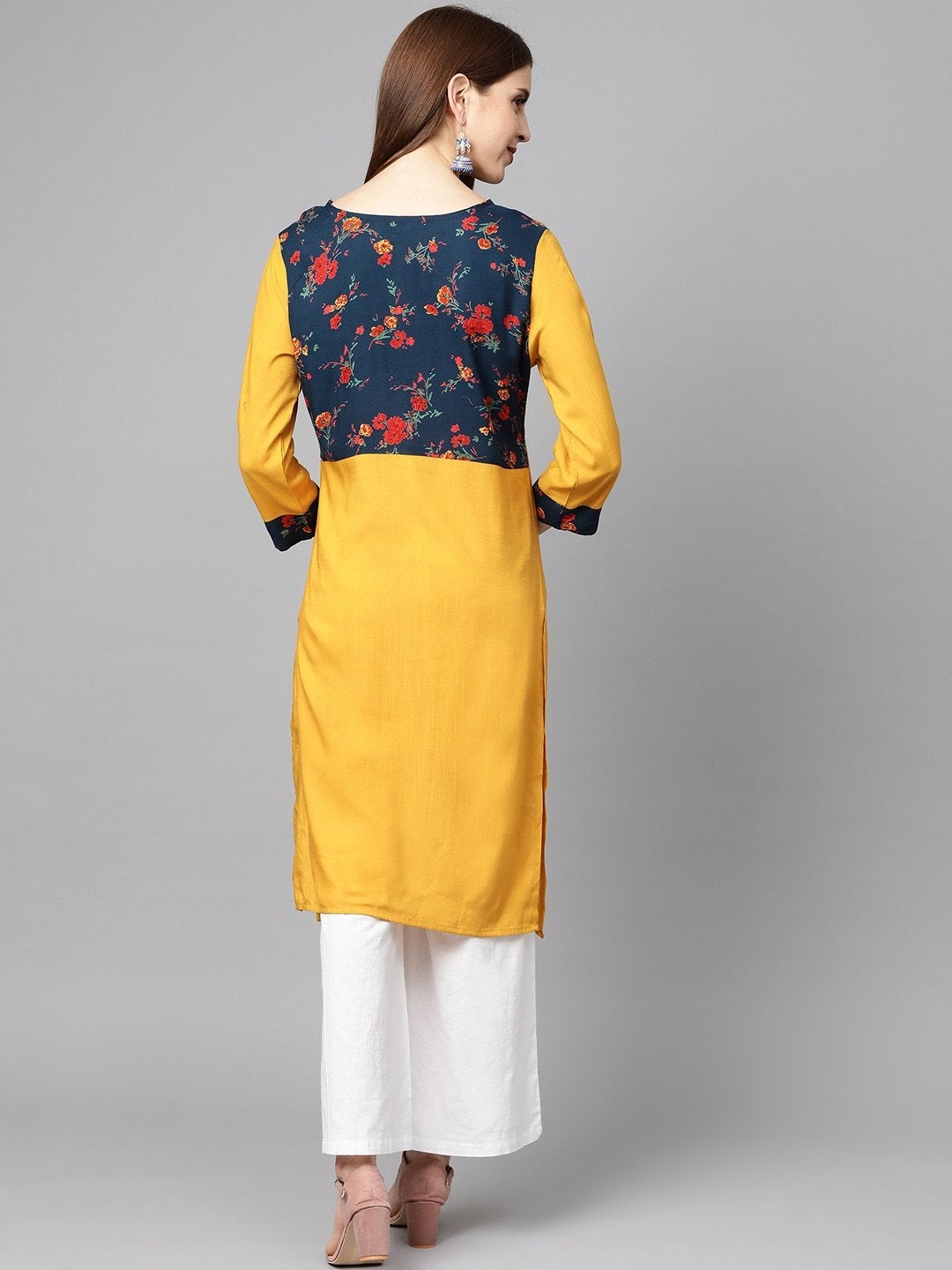 Women's Mustard Yellow & Navy Blue Printed Detail Straight Kurta - Meeranshi