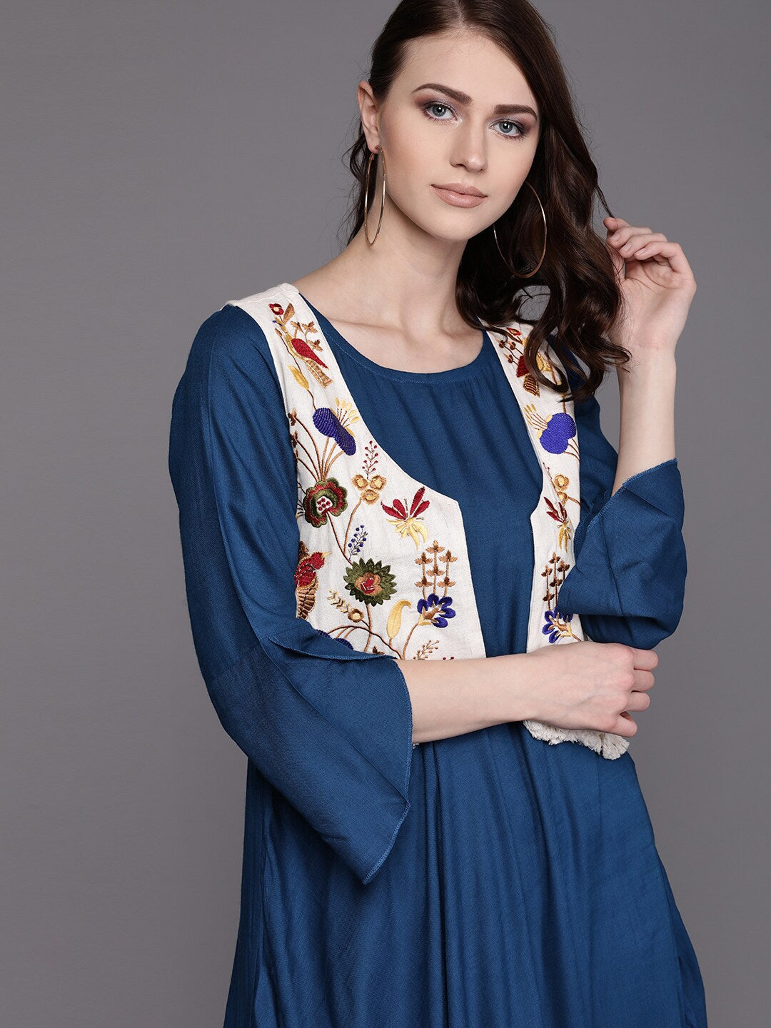 Women's Blue Maxi Gown with Floral Embroidered Jacket - Aks