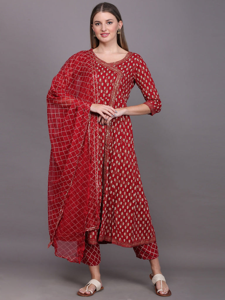 Women's Ethnic Motifs Printed Angrakha Sequinned Kurta With Palazzos & With Dupatta