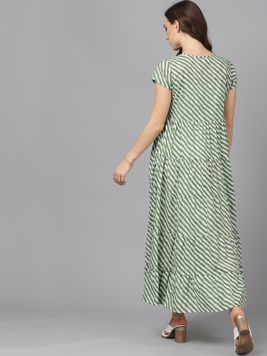 Women's  Green & White Striped Maxi Dress - AKS