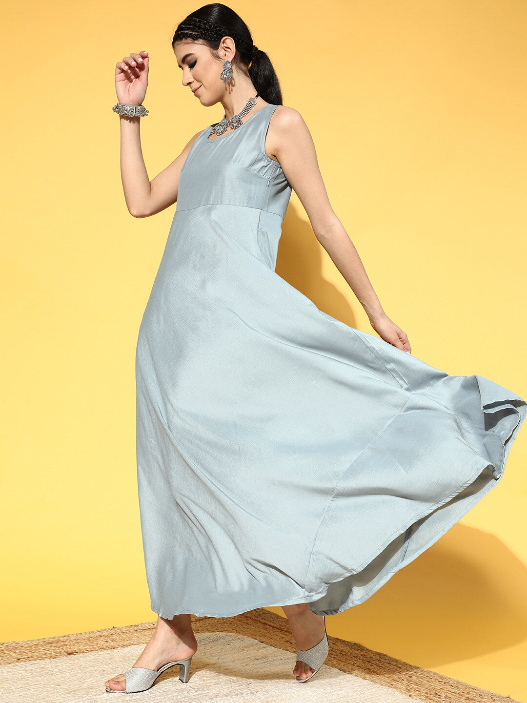 Women's Blue Schiffli Designed Maxi Dress With Jacket - Aks