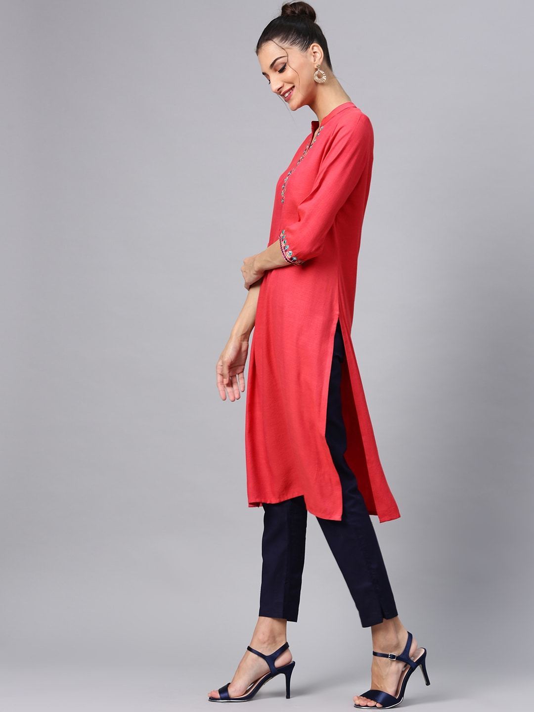 Women's  Coral Pink Solid Straight Kurta With Embroidered Detail - AKS