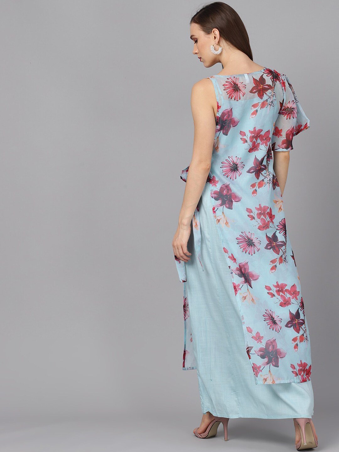 Women's  Blue & Pink Printed Layered Maxi Dress - AKS