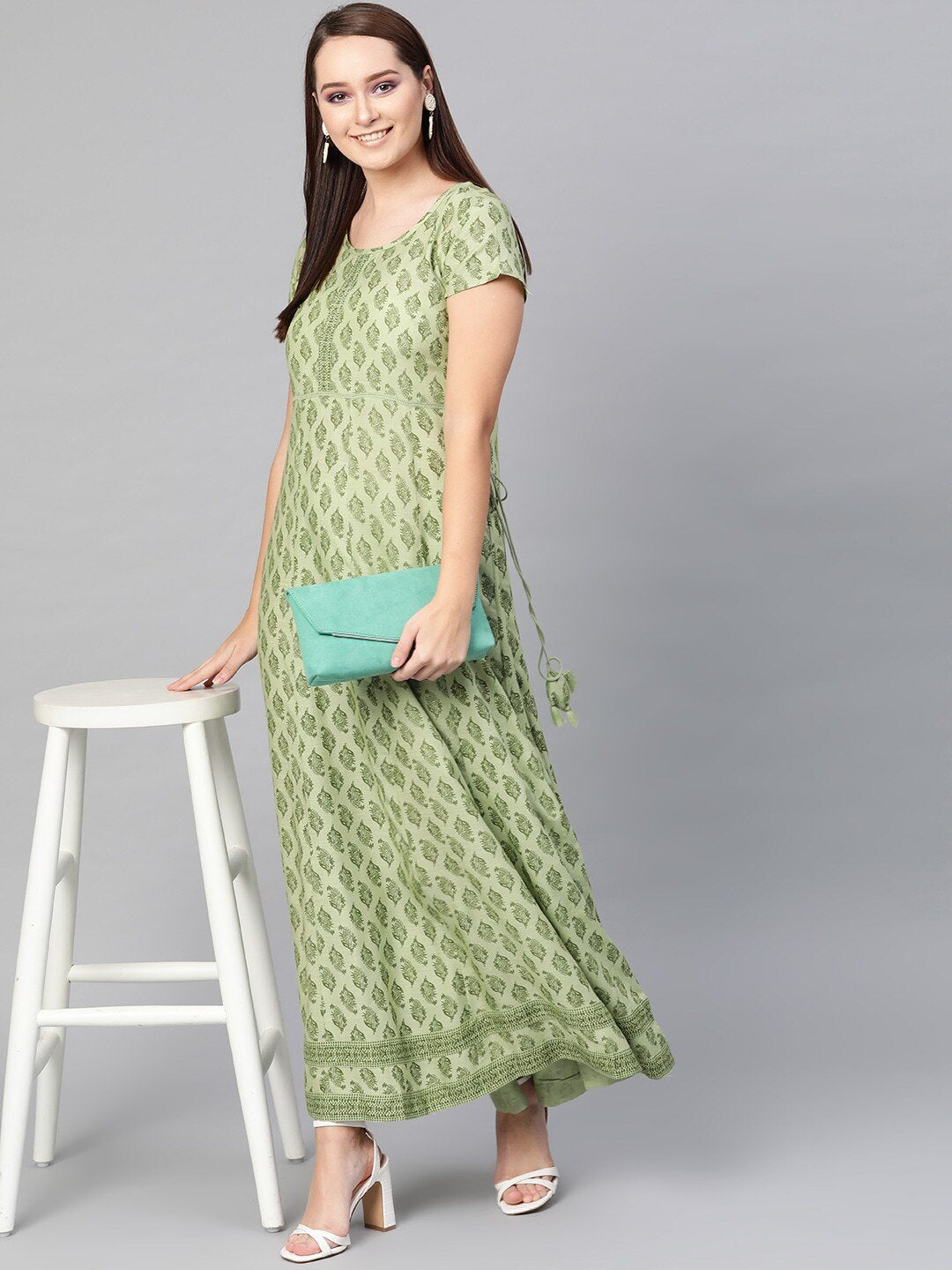 Women's  Green Printed Fit and Flare Dress - AKS