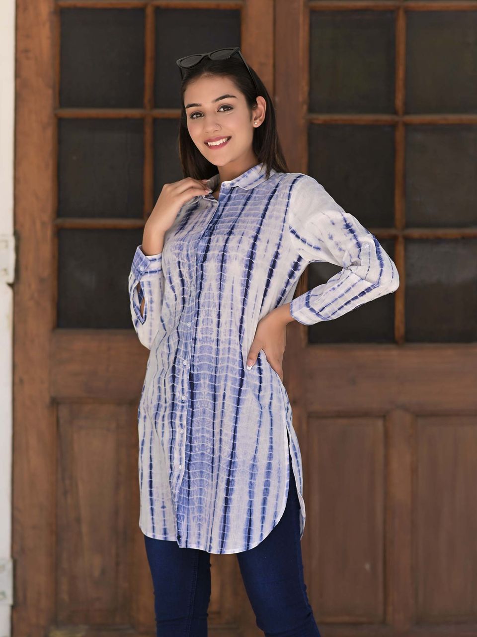 Women's Blue & White Cotton Shibhori Long Shirt - Hatheli