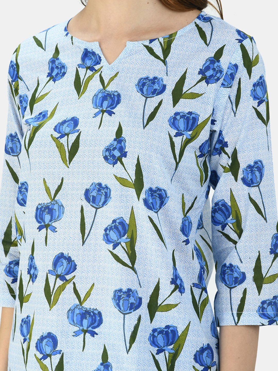 Women's BLue Cotton Printed Half Sleeve V Neck Casual Night Suit - Myshka