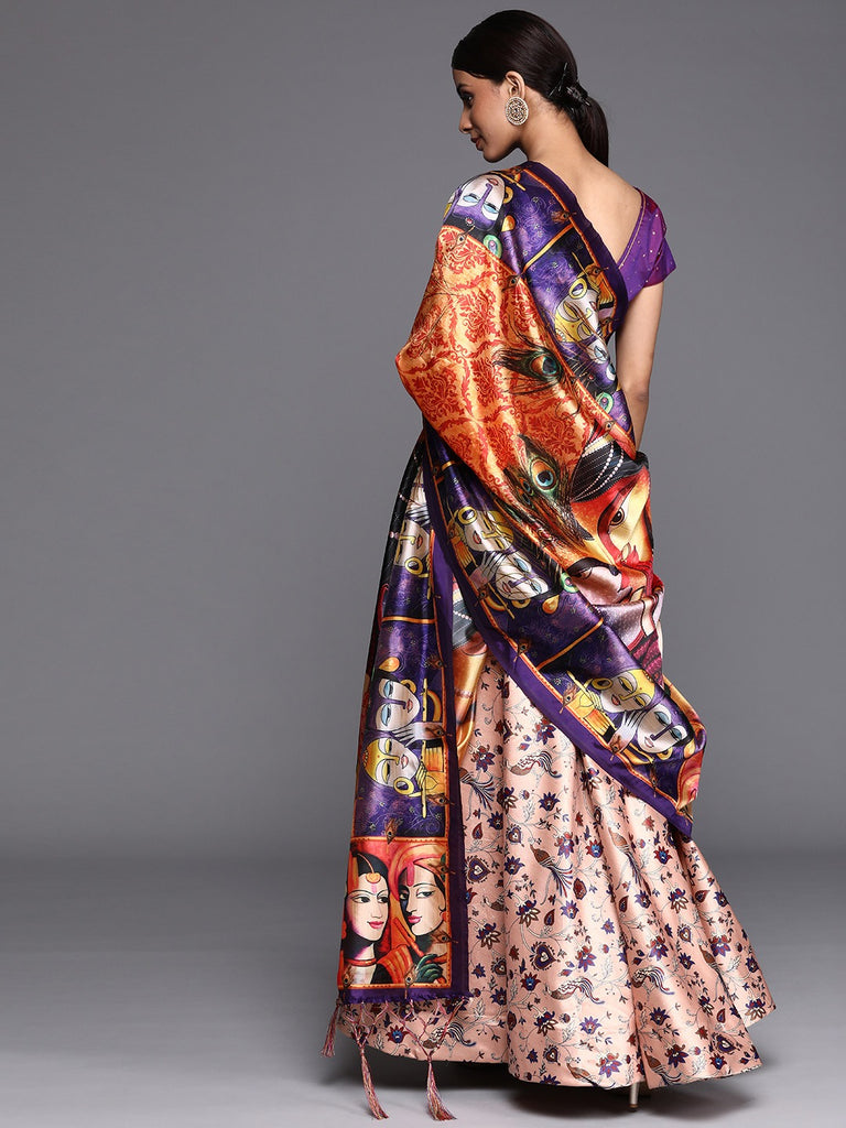 Women's Digital Print Shiney Satin Semistitched Lehenga Choli With Unstitched Blouse And Thred Work Dupatta