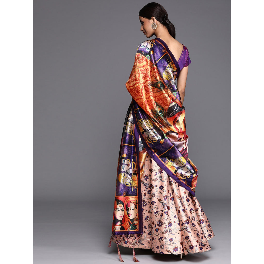 Women's Digital Print Shiney Satin Semistitched Lehenga Choli With Unstitched Blouse And Thred Work Dupatta