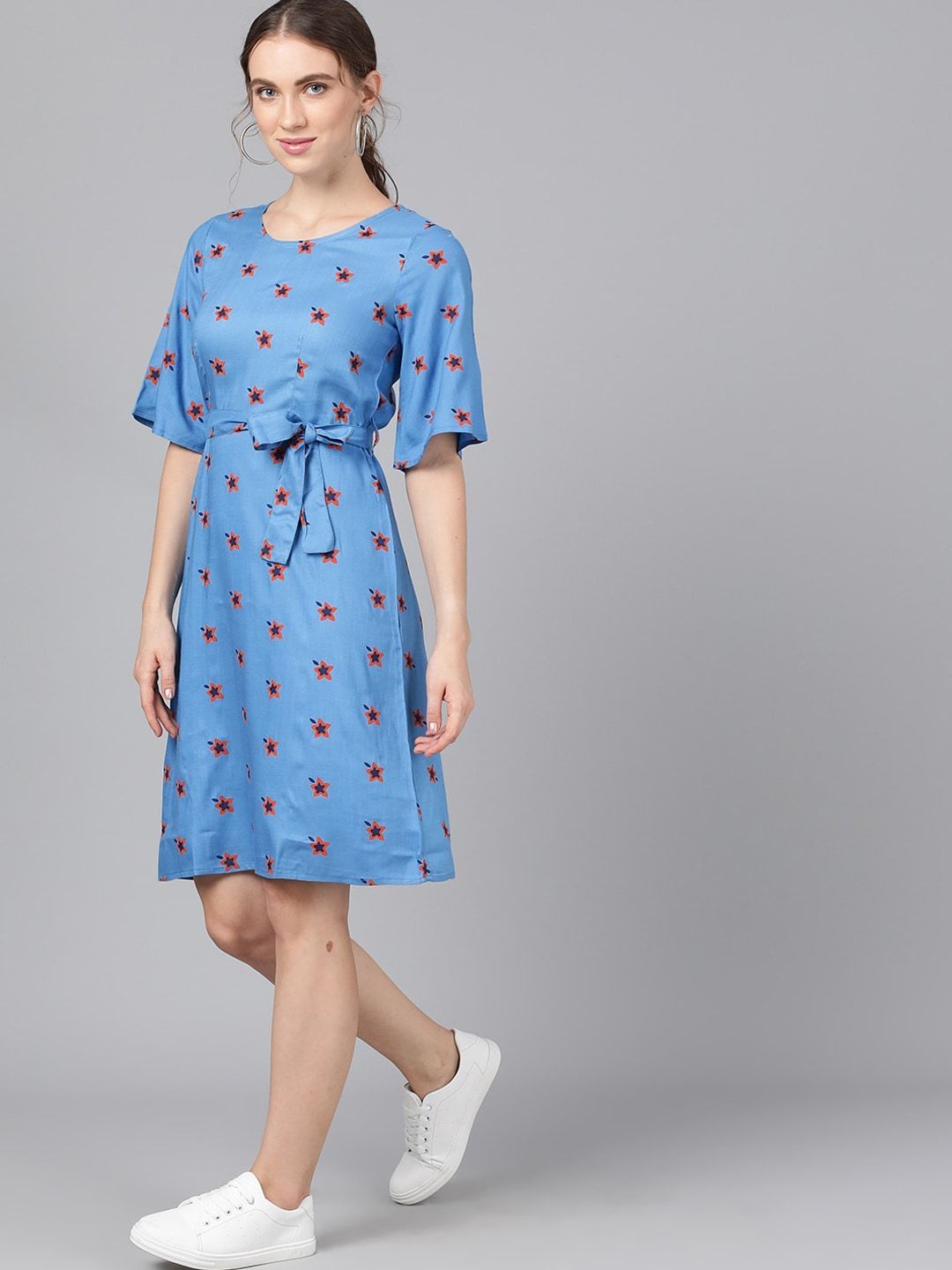 Women's  Blue & Maroon Printed Fit and Flare Dress - AKS