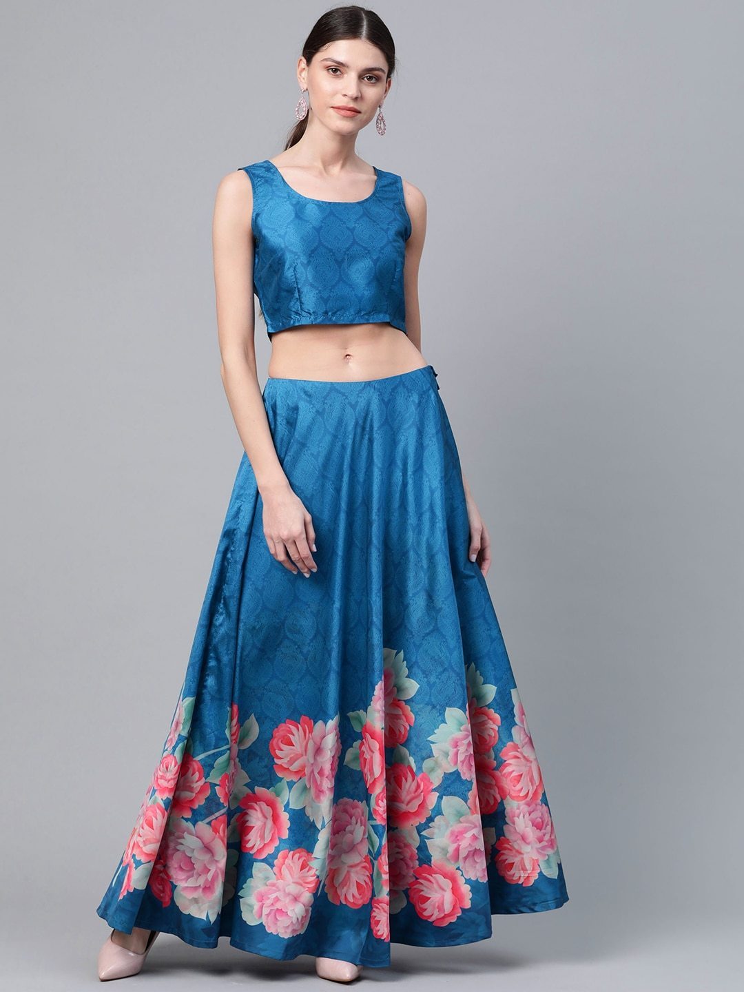 Women's Blue & Pink Floral Print Ready to Wear Lehenga Choli with Ethnic Layer -AKS