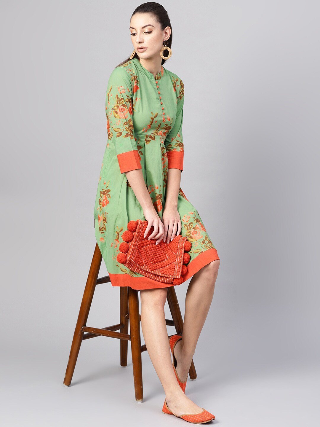 Women's  Green & Orange Floral Printed A-Line Dress - AKS