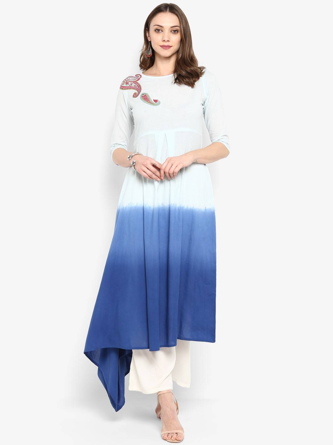 Women's Blue Colourblocked Asymmetric A-Line Kurta - Meeranshi
