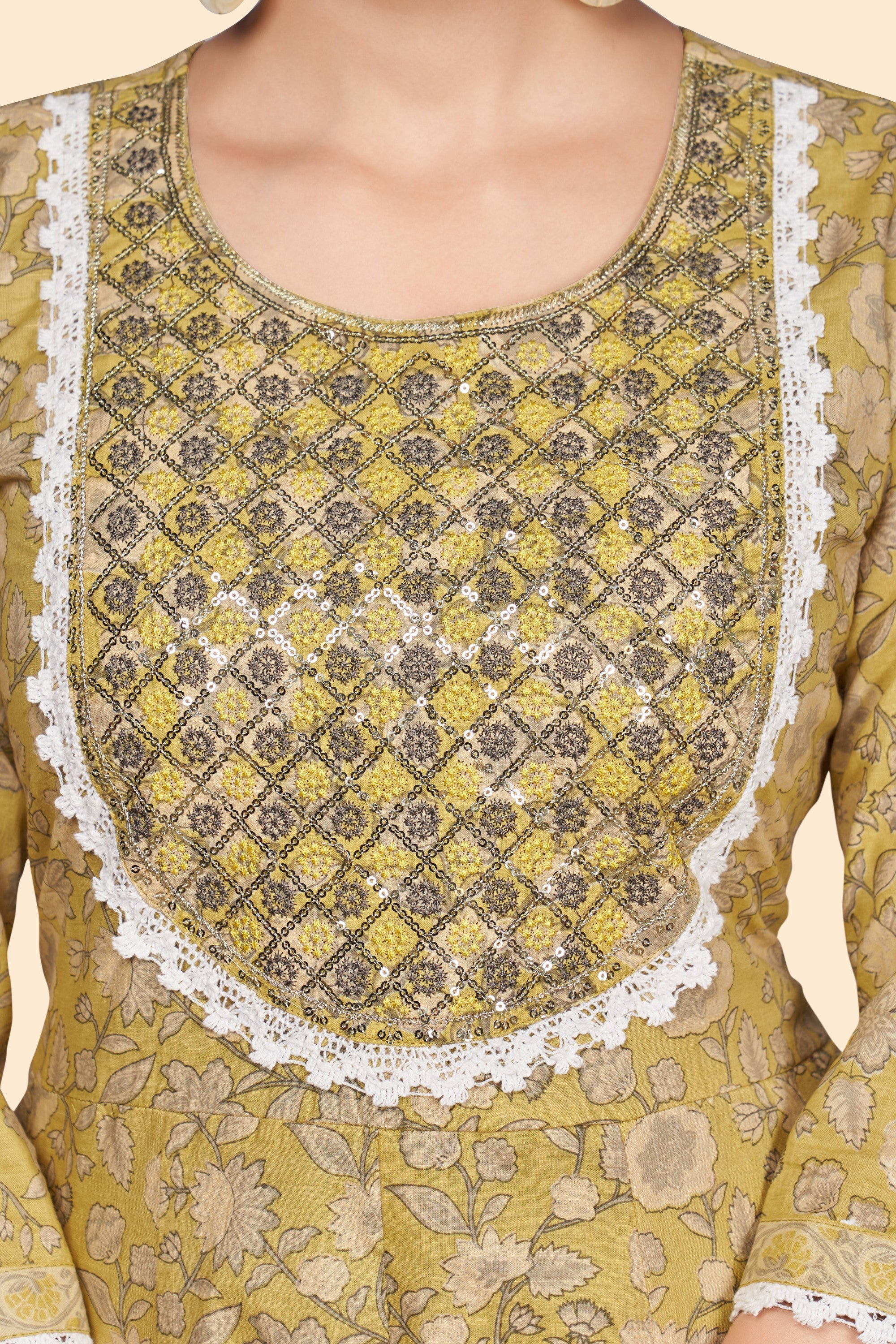 Women's Print & Embroidered A-Line Cotton Yellow Stitched Kurta - Vbuyz