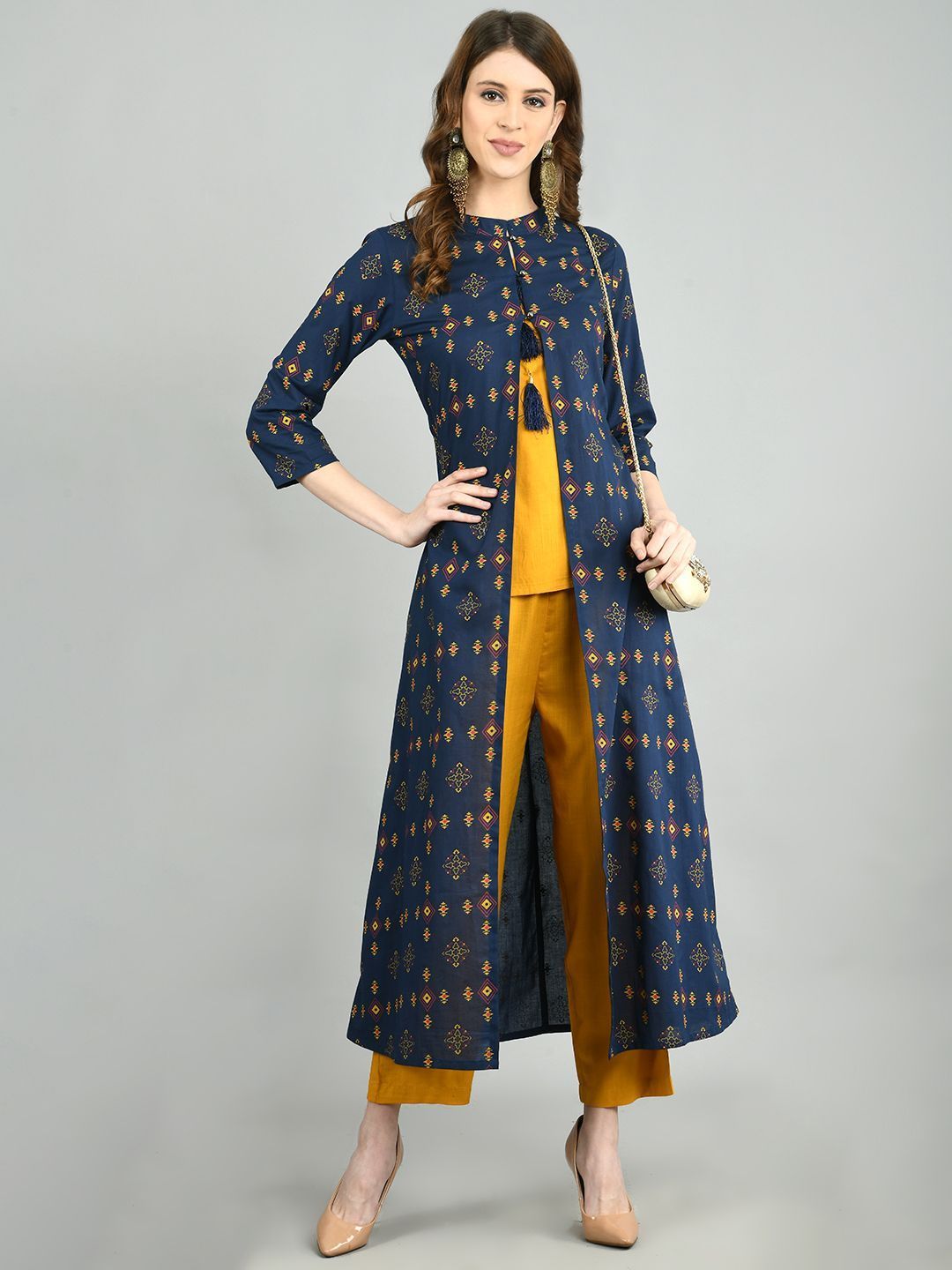 Women Navy Blue Cotton Printed Shrug, Top and Pant Set by Myshka (3 Pc Set)