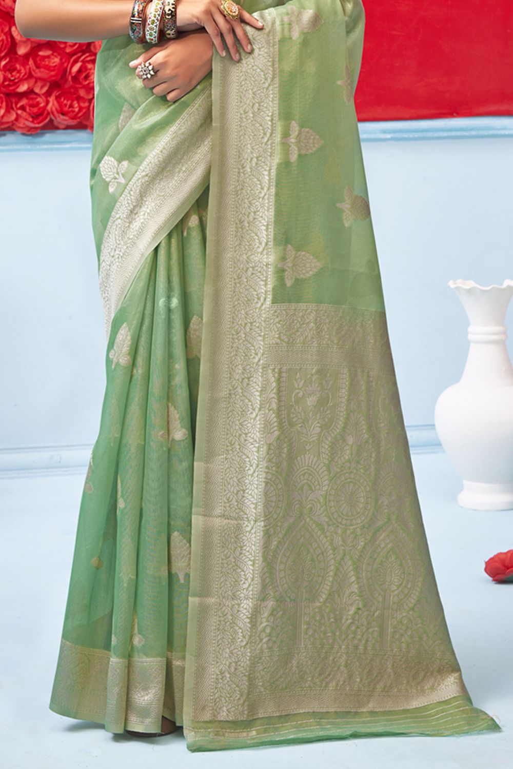Women's Rama Green Cotton Woven Zari Work Traditional Saree - Sangam Prints