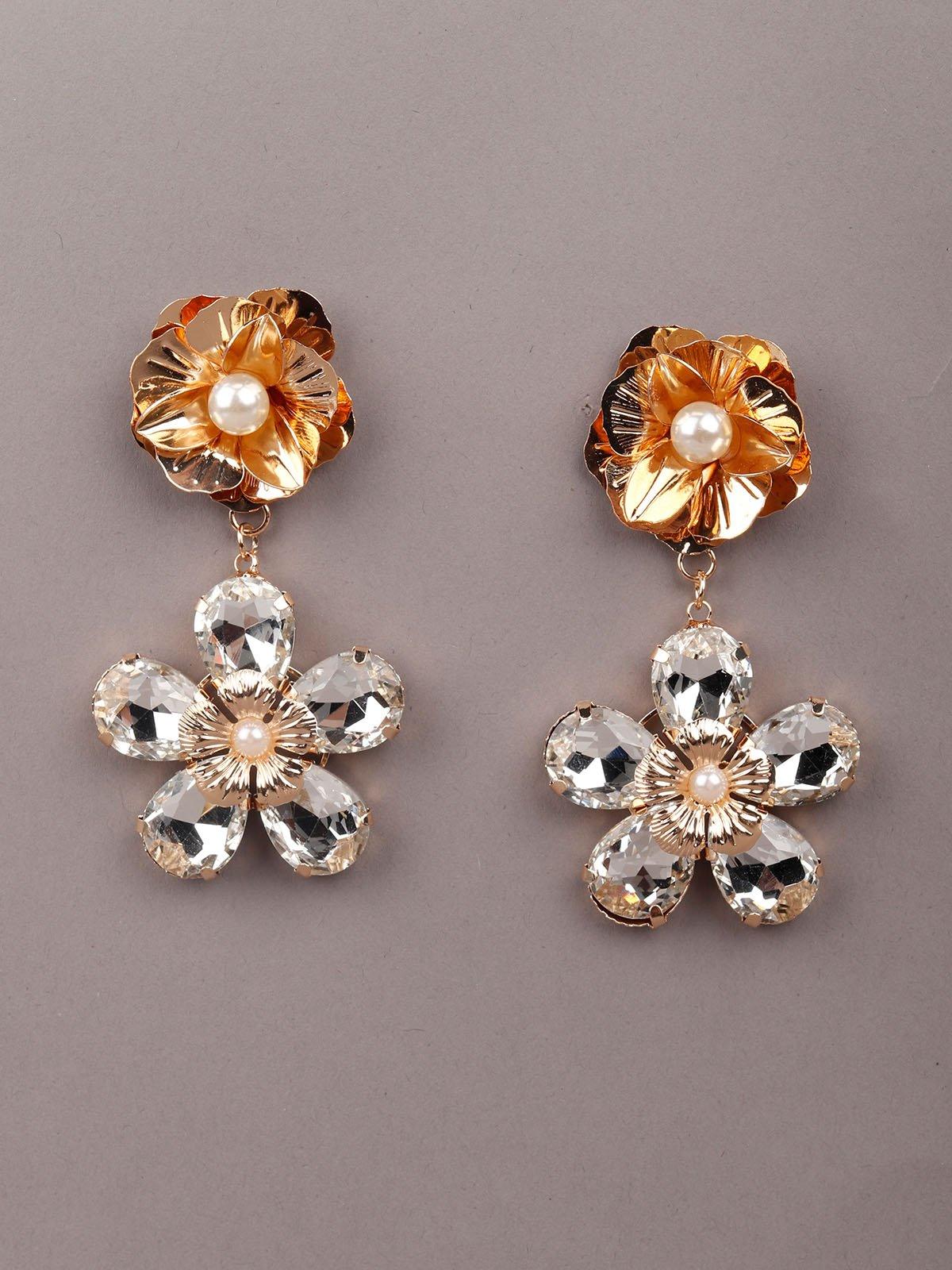 Women's Dangling Double Floral Arrangement Earrings-Clear - Odette