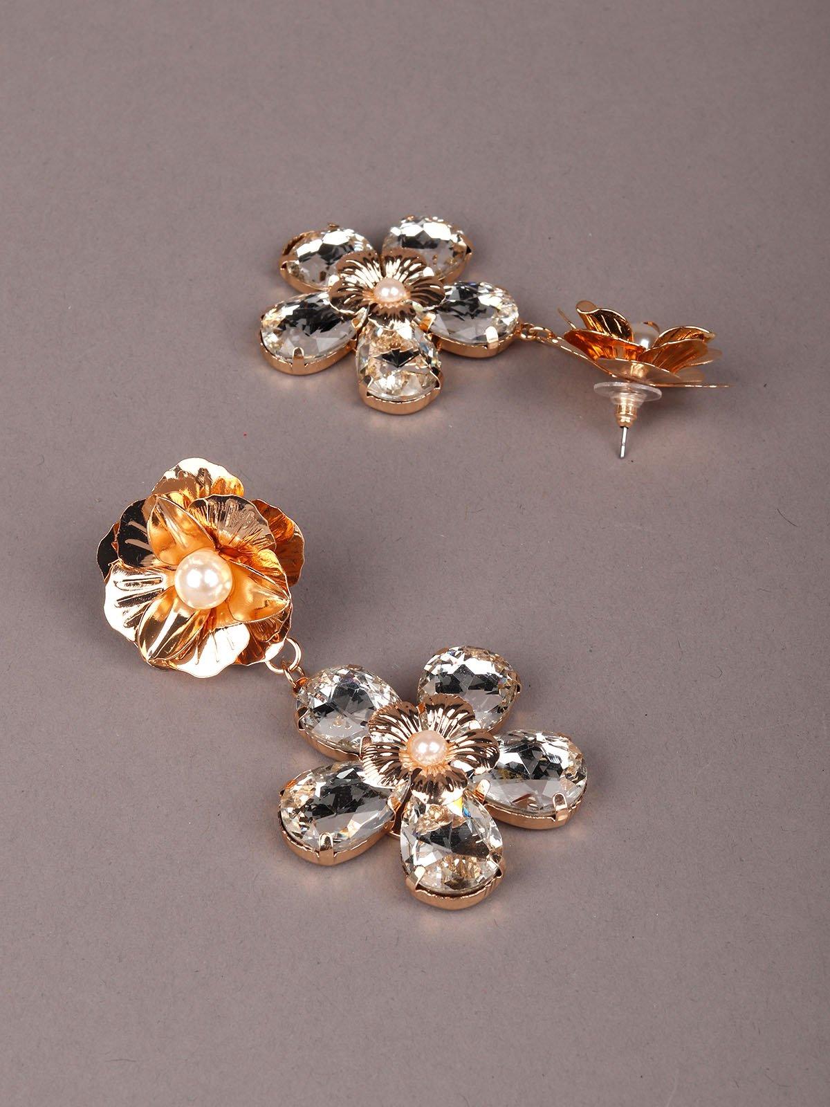 Women's Dangling Double Floral Arrangement Earrings-Clear - Odette