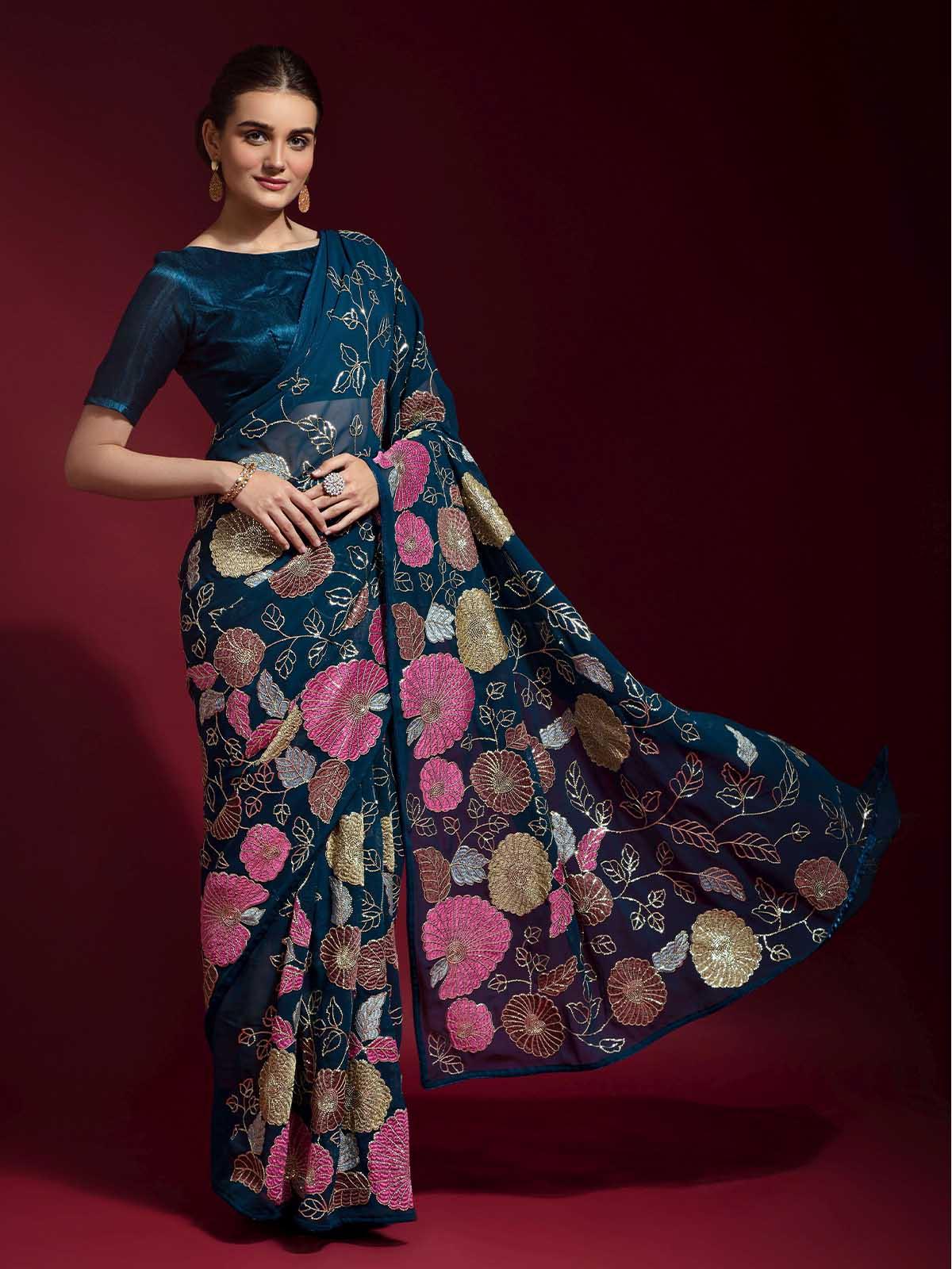 Women's Dark Blue Banglori Silk Embroidered Saree With Blouse - Odette