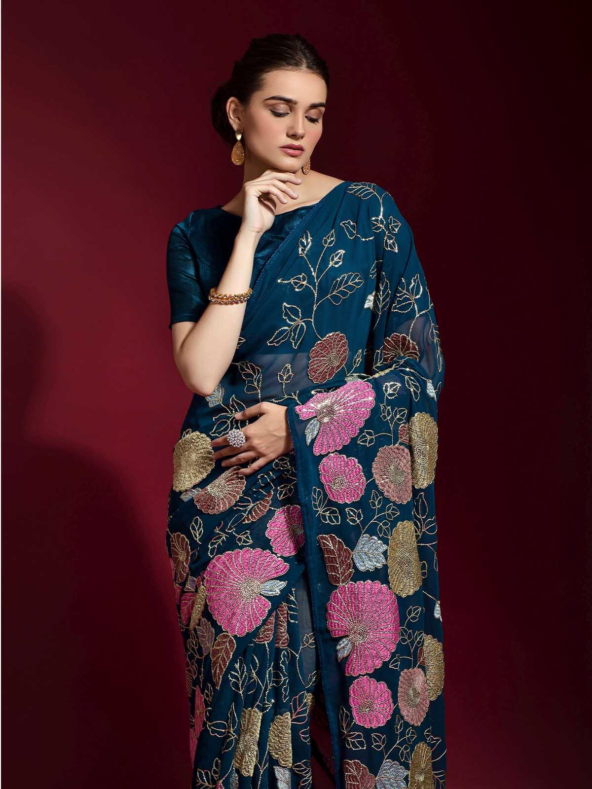 Women's Dark Blue Banglori Silk Embroidered Saree With Blouse - Odette