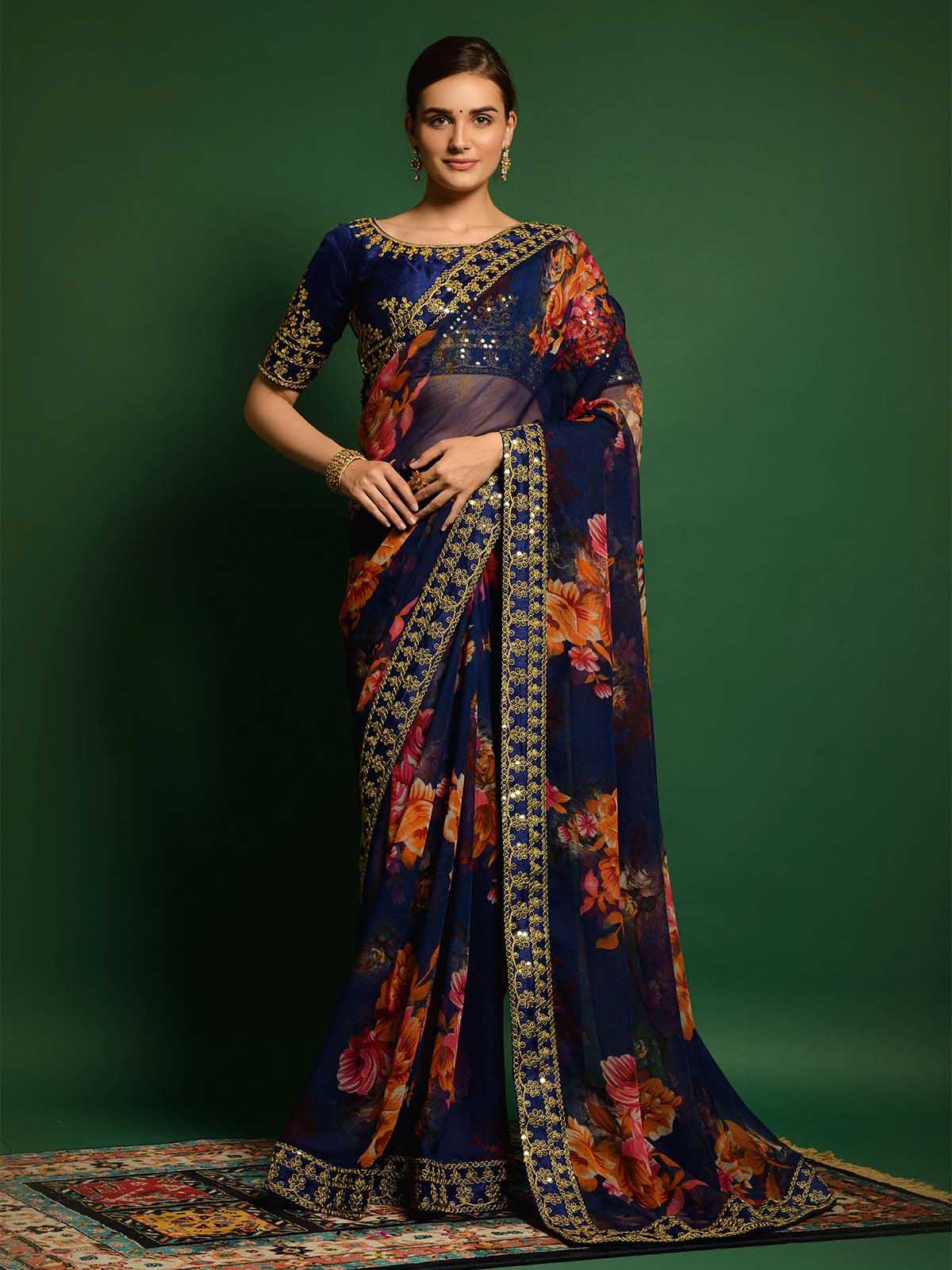 Women's Dark Blue Georgette Embroidery Saree With Blouse - Odette