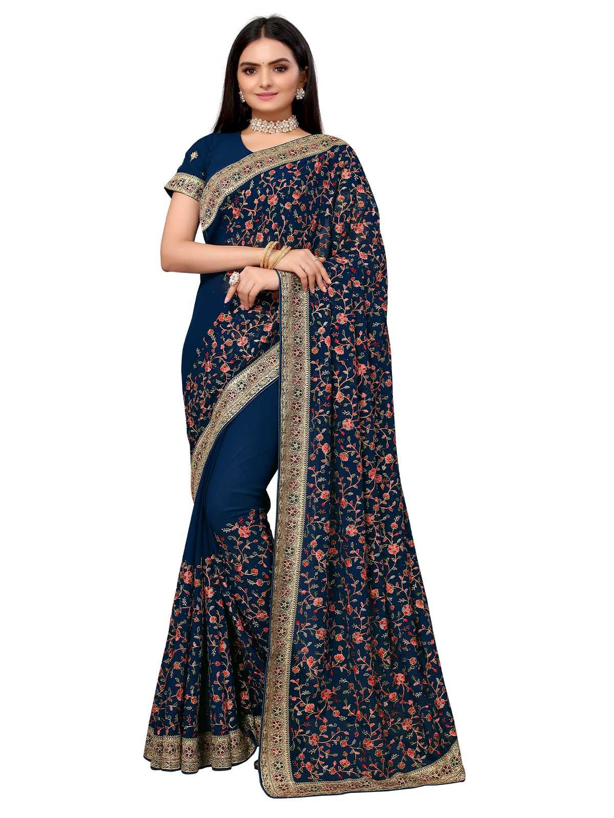 Women's Dark Blue Poly Georgette Embroidered Saree With Blouse - Odette