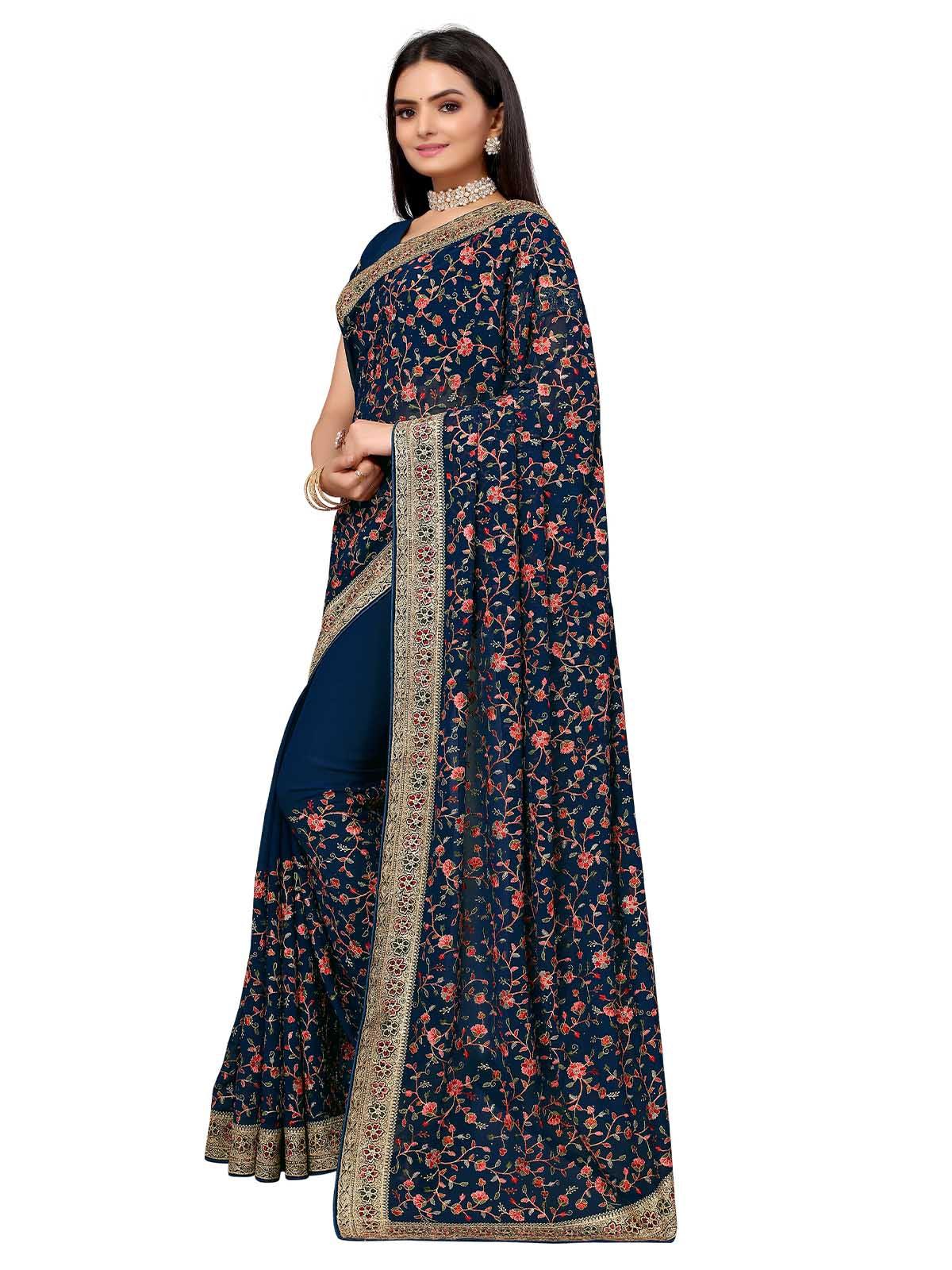 Women's Dark Blue Poly Georgette Embroidered Saree With Blouse - Odette