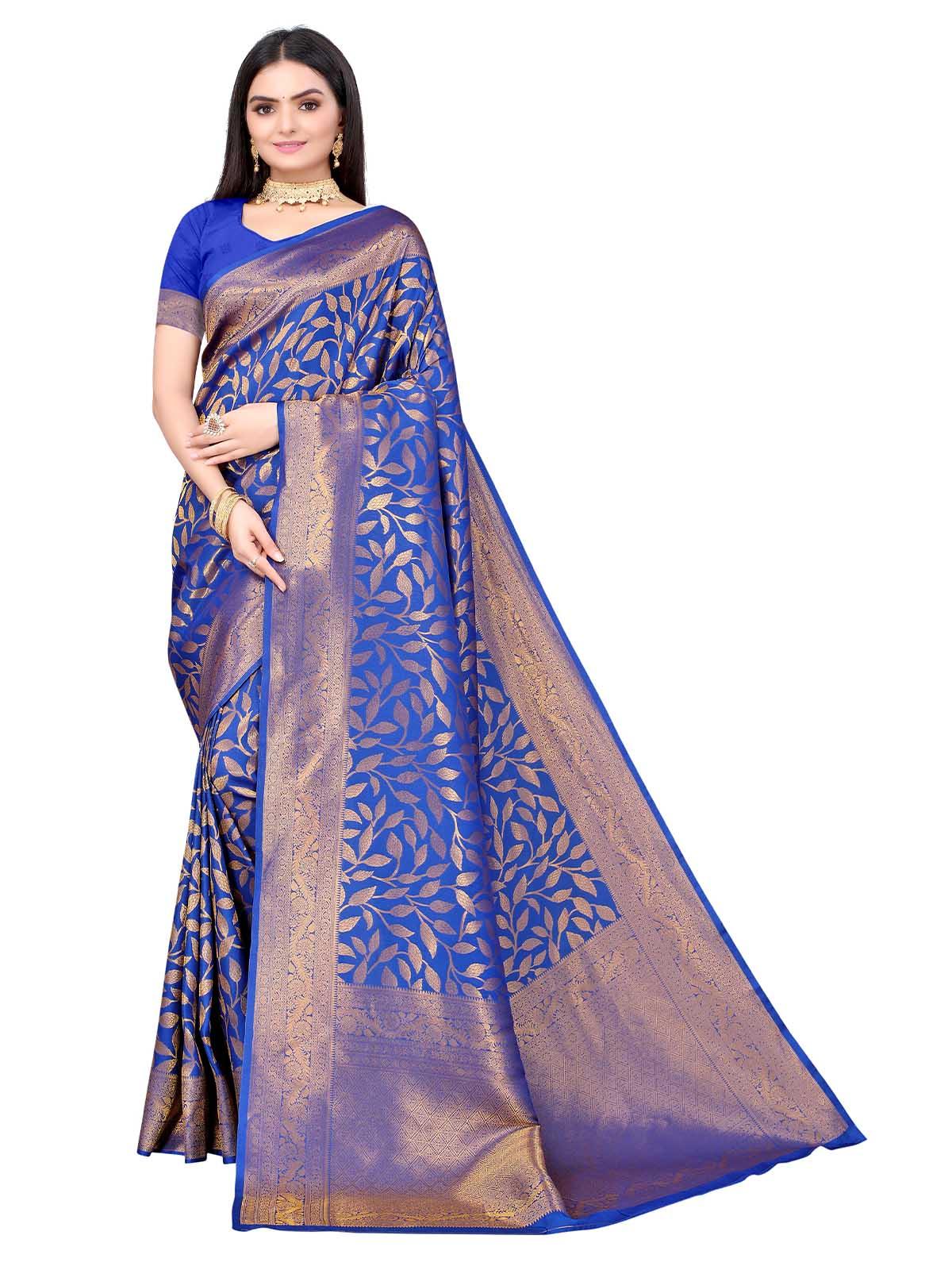 Women's Dark Blue Silk Blend Woven Saree With Blouse - Odette