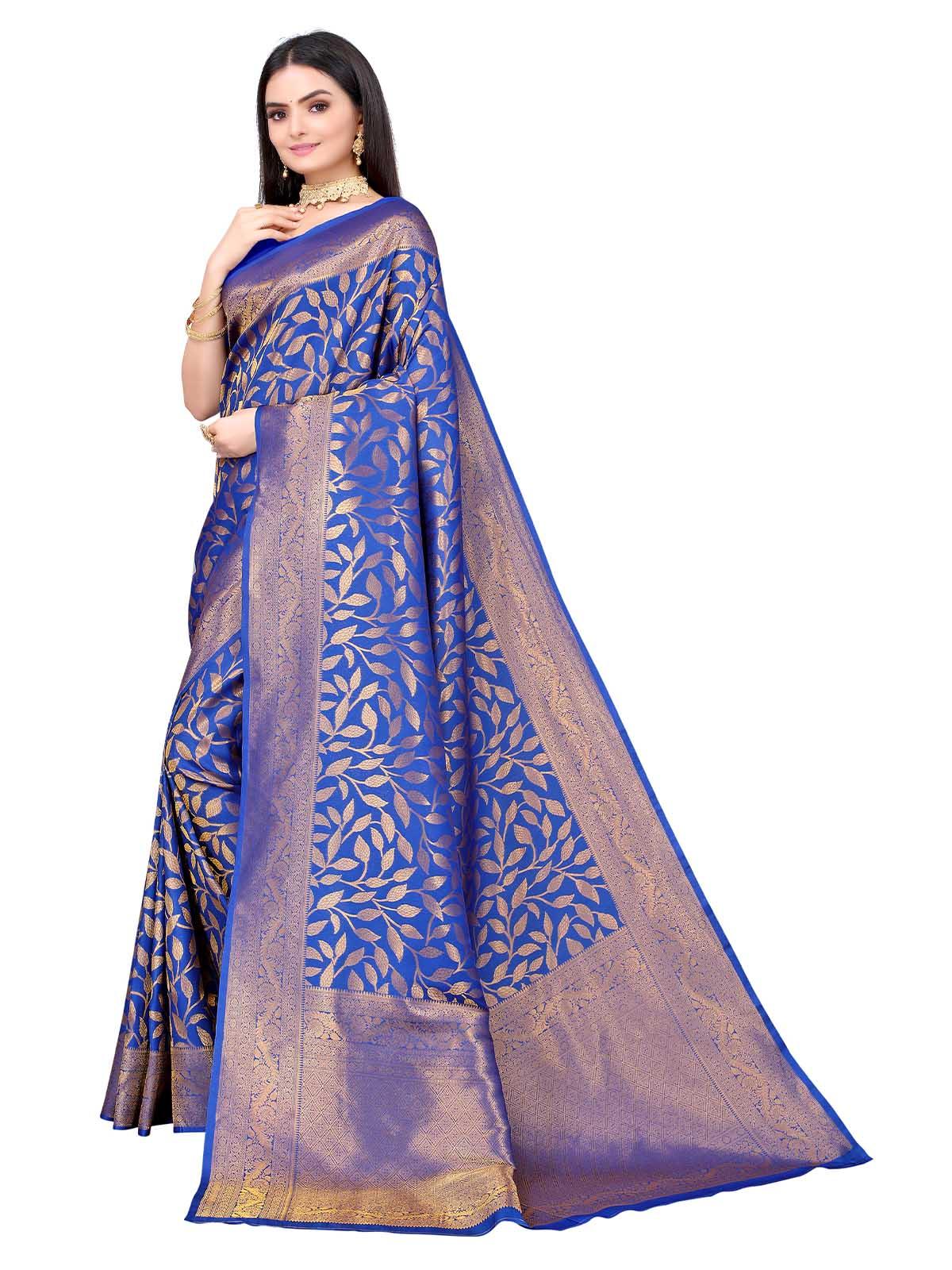 Women's Dark Blue Silk Blend Woven Saree With Blouse - Odette