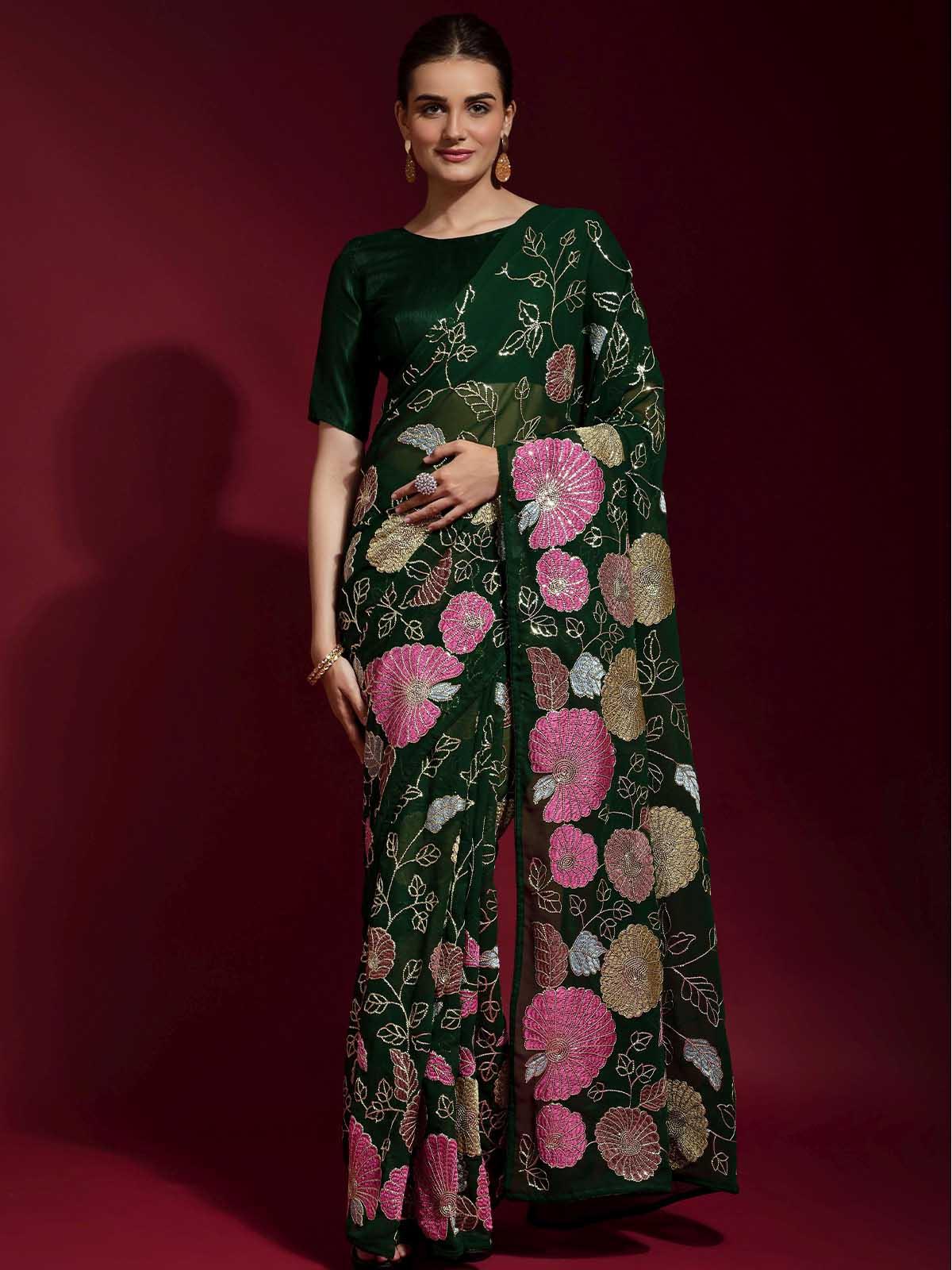 Women's Dark Green Banglori Silk Embroidered Saree With Blouse - Odette