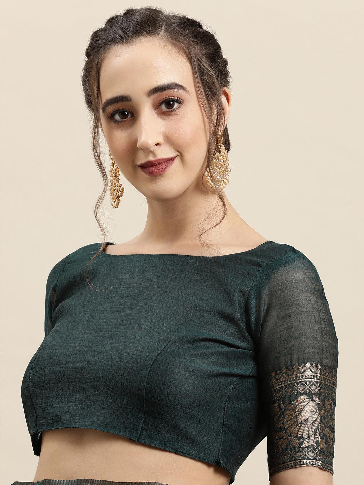 Women's Dark Green Festive Linen Woven Design Saree With Unstitched Blouse - Odette