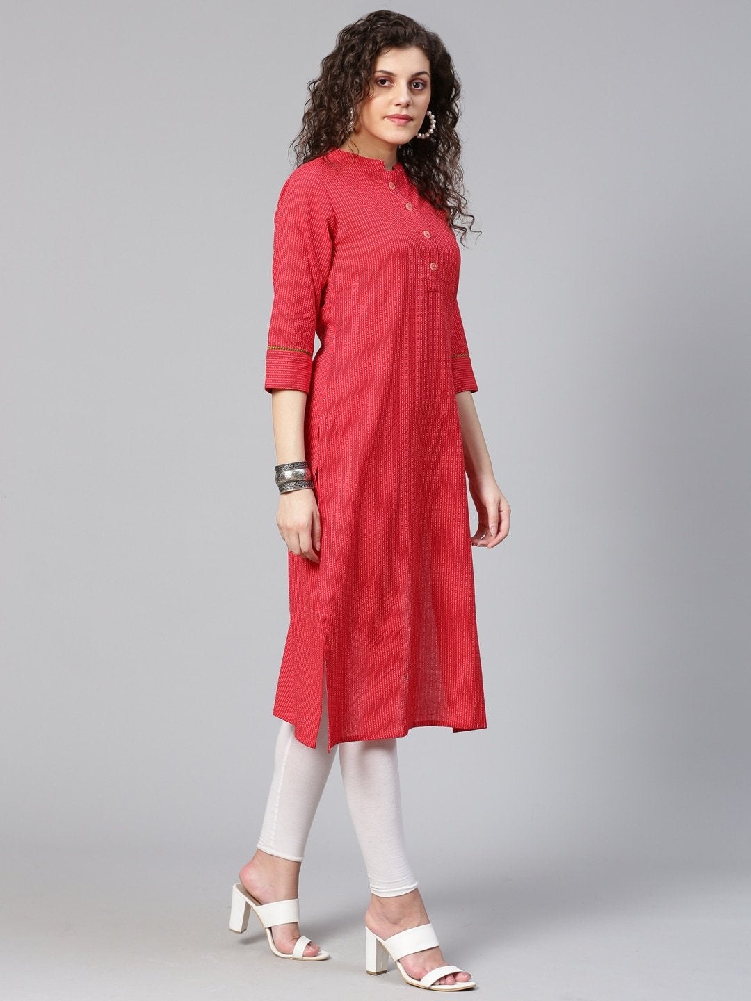 Women's Red & White Self-Striped Straight Kurta - Meeranshi