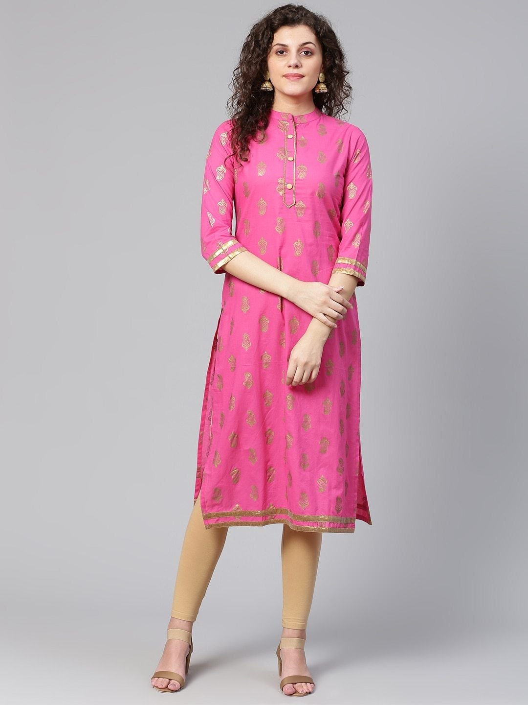 Women's Pink & Golden Printed Straight Kurta - Meeranshi