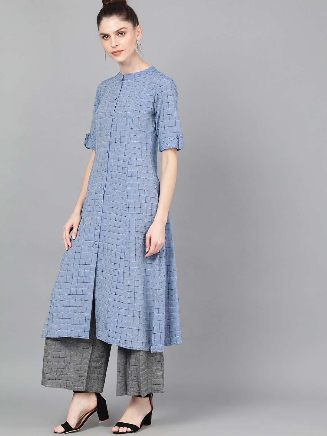 Women's  Blue Woven Design A-Line Kurta - AKS