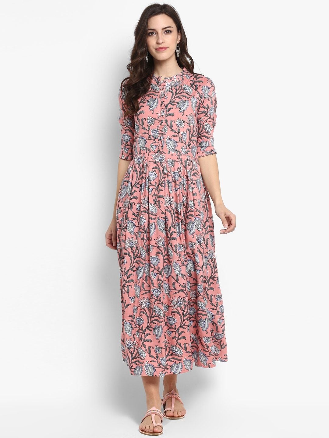 Women's Peach-Coloured Printed Maxi Dress - Meeranshi