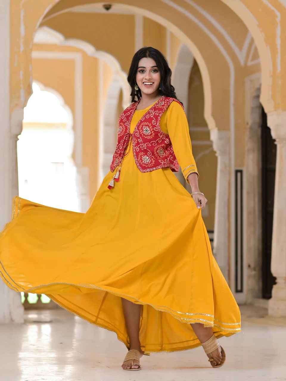 Women's Goldenrod Yellow Flared Dress With Bandhani Mirror Work