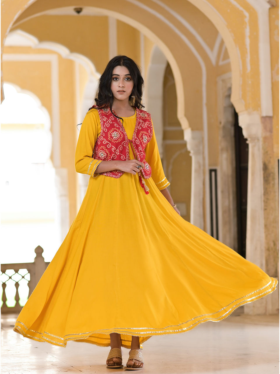 Women's Goldenrod Yellow Flared Dress With Bandhani Mirror Work Jacket - Hatheli