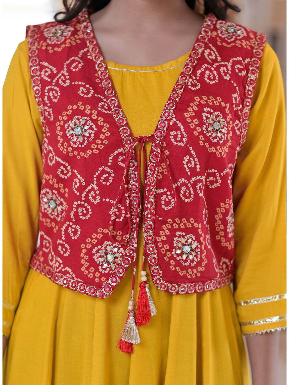 Women's Goldenrod Yellow Flared Dress With Bandhani Mirror Work Jacket - Hatheli