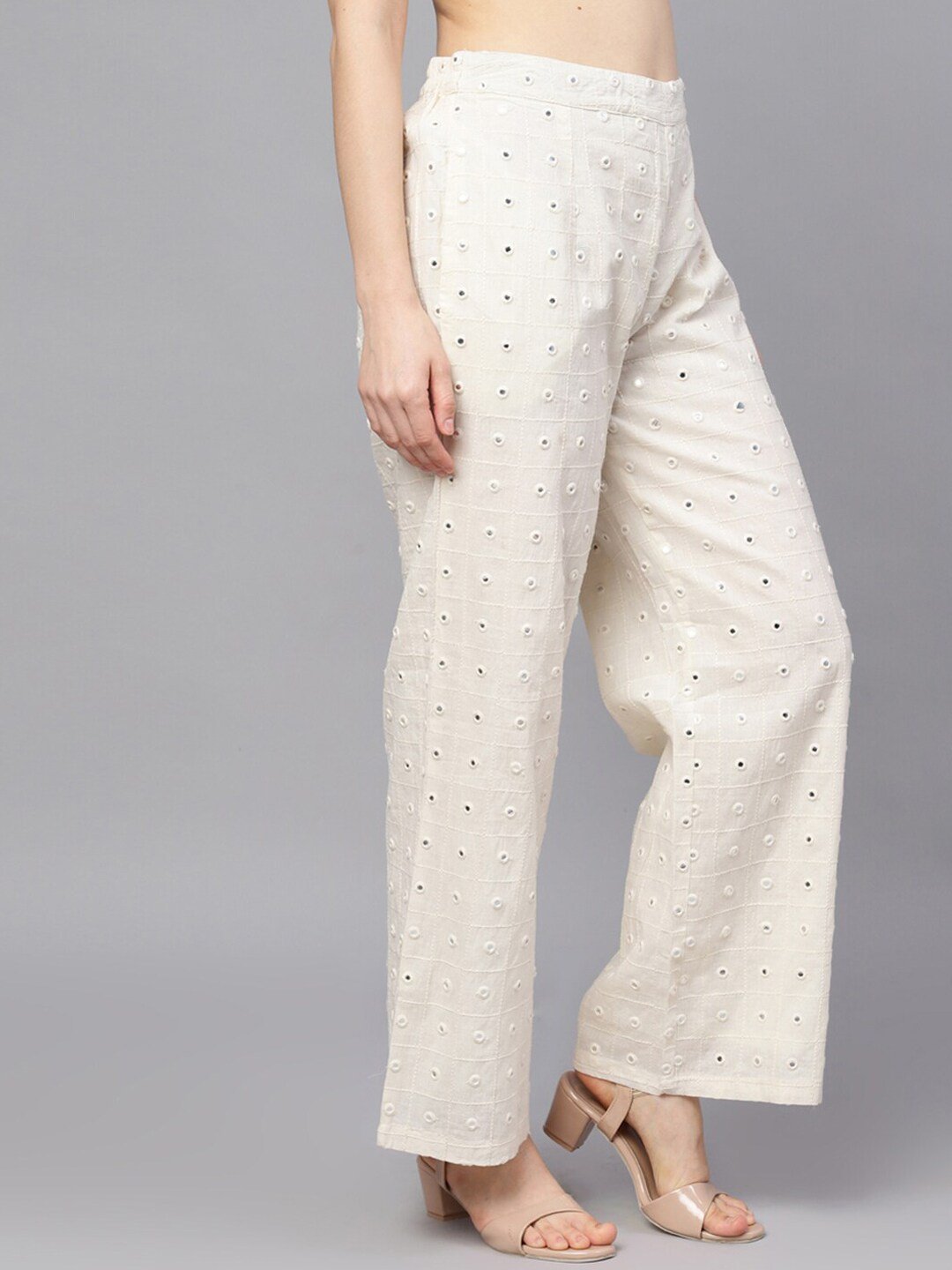 Women's  Off-White Embroidered Flared Palazzos - AKS
