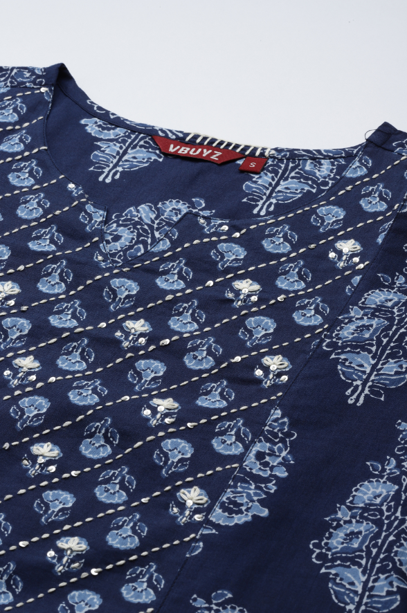 Women's Print & Hand Work A-Line Cotton Blue Stitched Kurta - Vbuyz