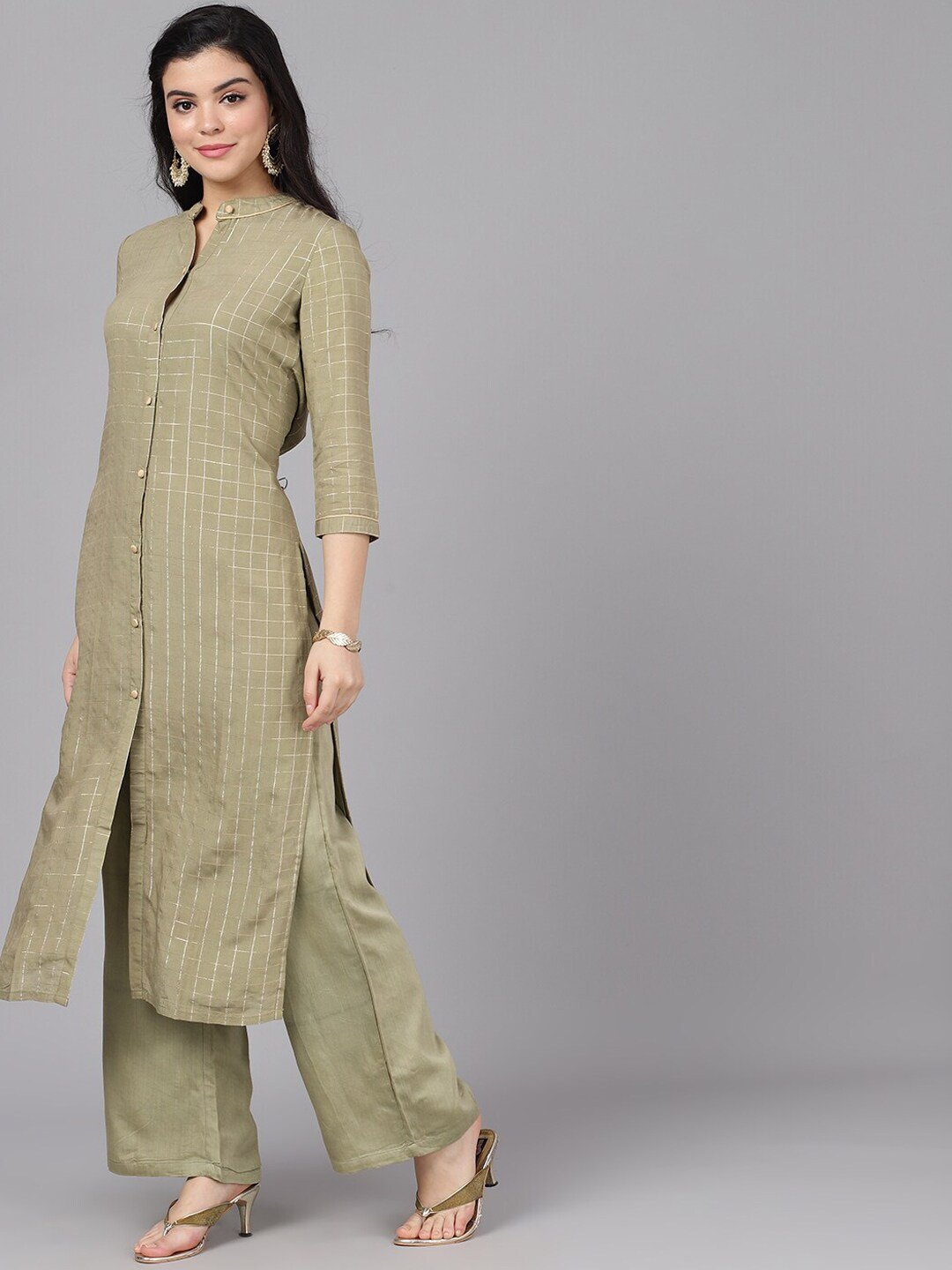 Women's  Olive Green & Gold-Coloured Printed Kurti with Palazzos - AKS