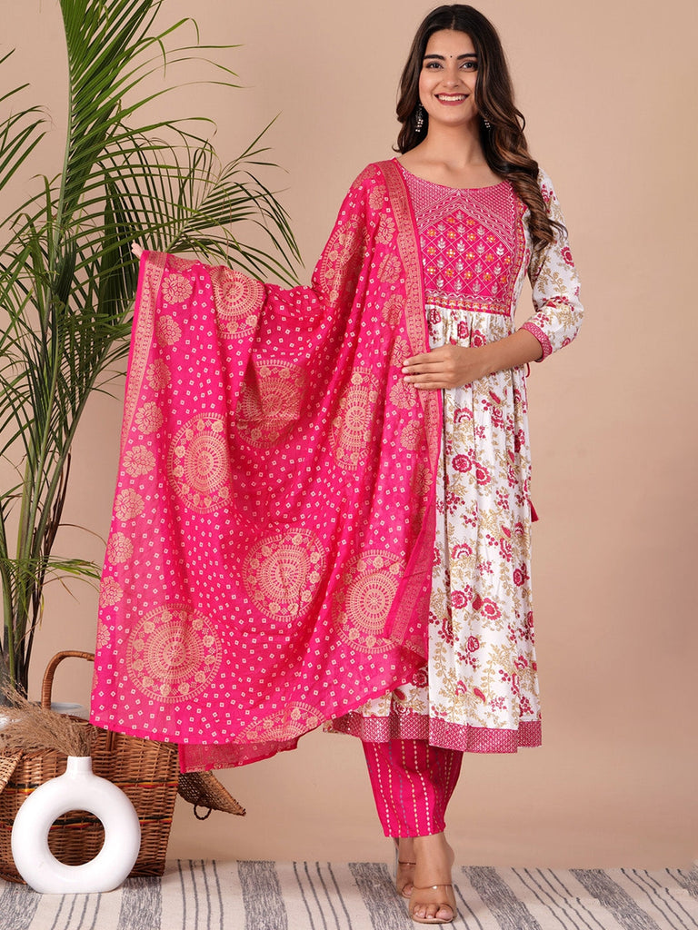 Women's Floral Printed Empire Thread Work Kurta With Palazzos & Dupatta