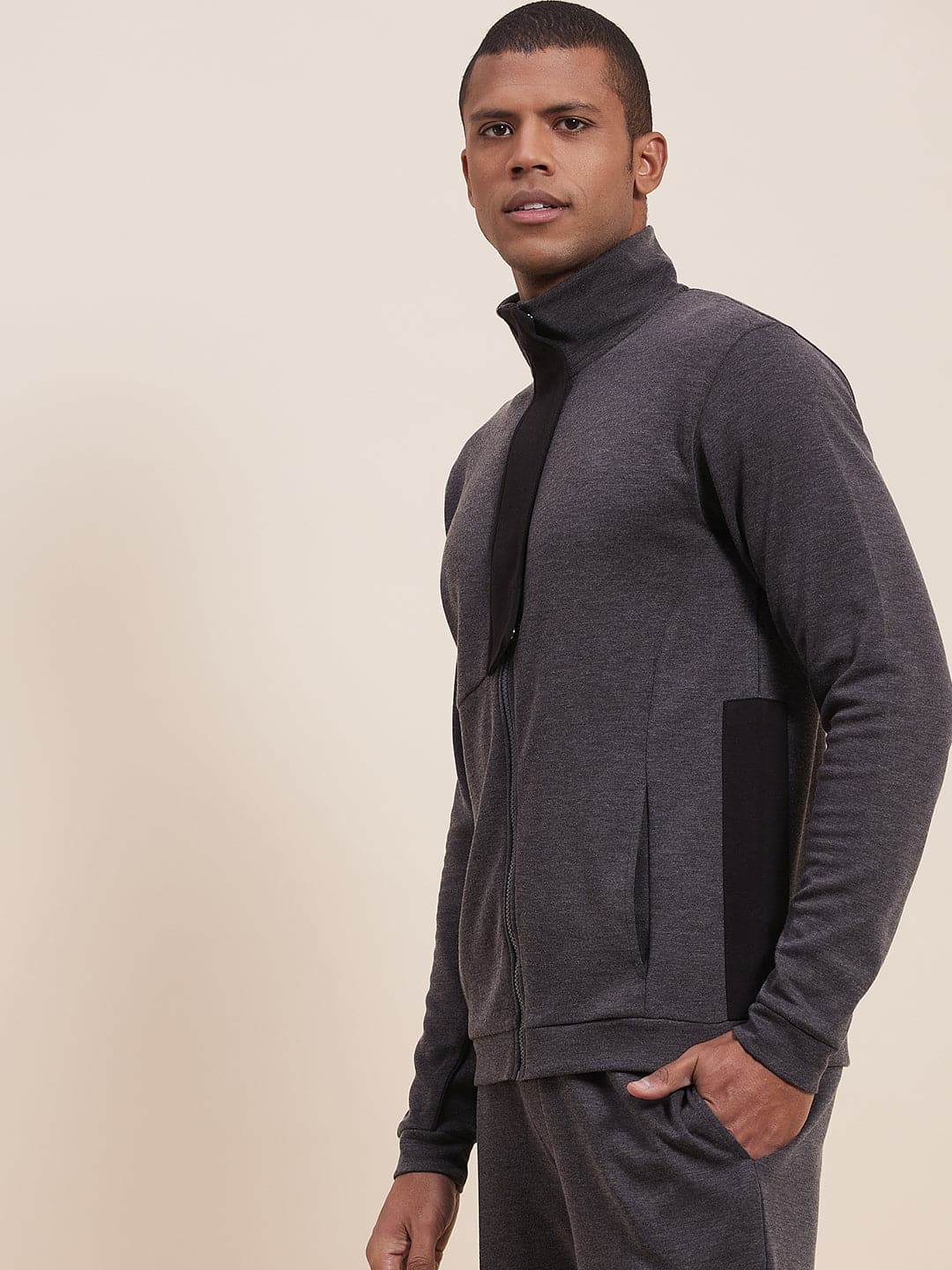 Men's Grey Melange High Neck Contrast Flap Jacket - LYUSH-MASCLN