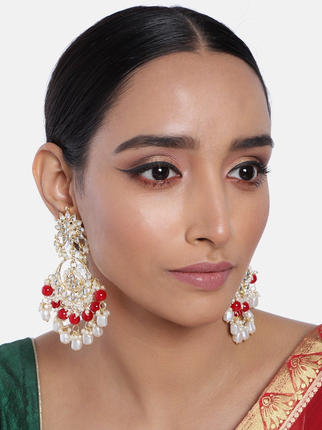 Women's  Gold Plated Red Handcrafted Pearl Kundan Beaded Chandbali Earrings - i jewels