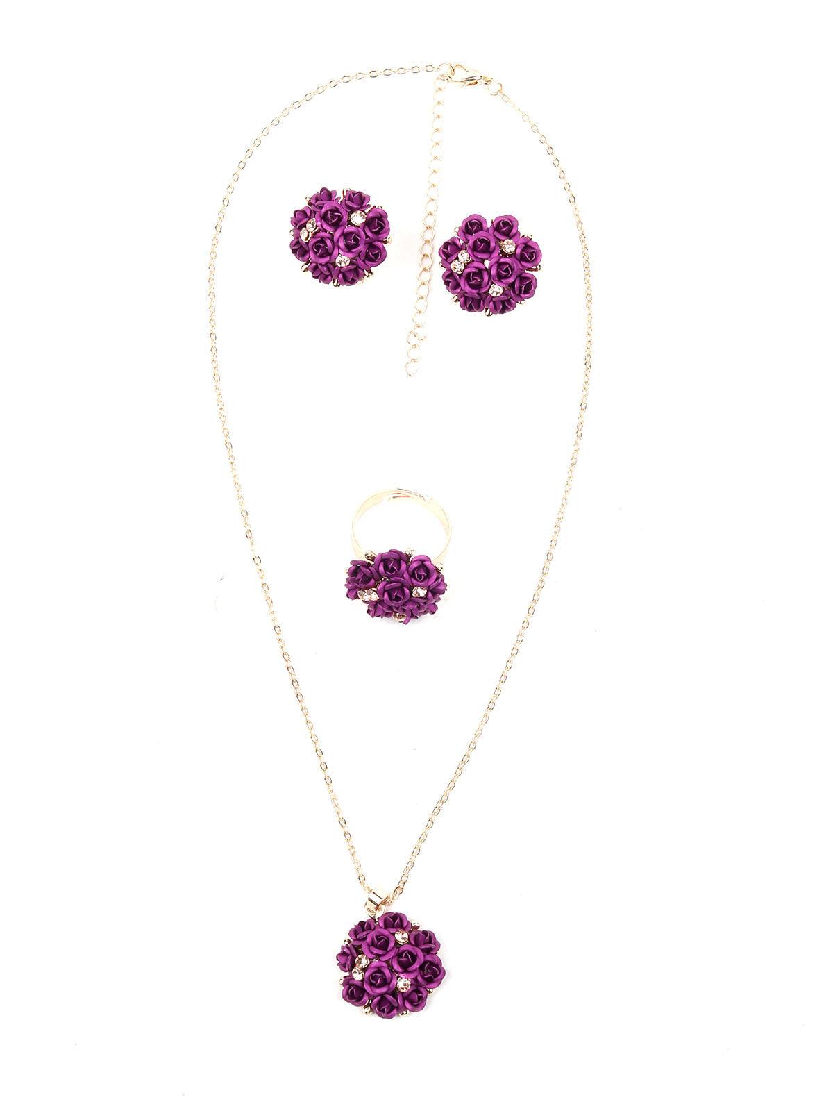 Women's Deep Purple Floral Pendant Necklace Set - Odette
