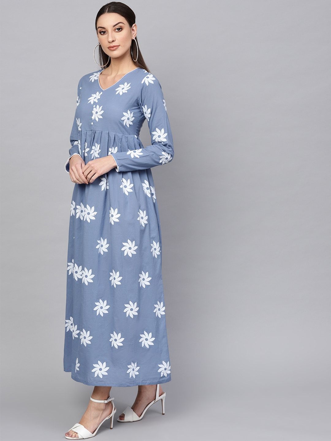 Women's  Blue & White Floral Khari Print Maxi Dress - AKS