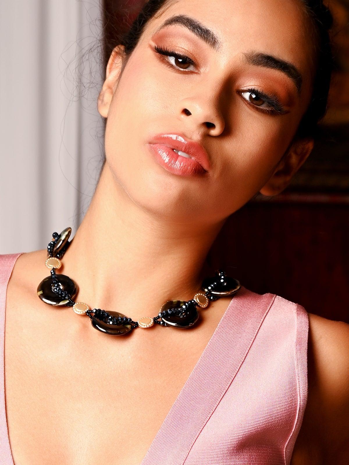 Women's Designer Black Beaded Boho Necklace - Odette