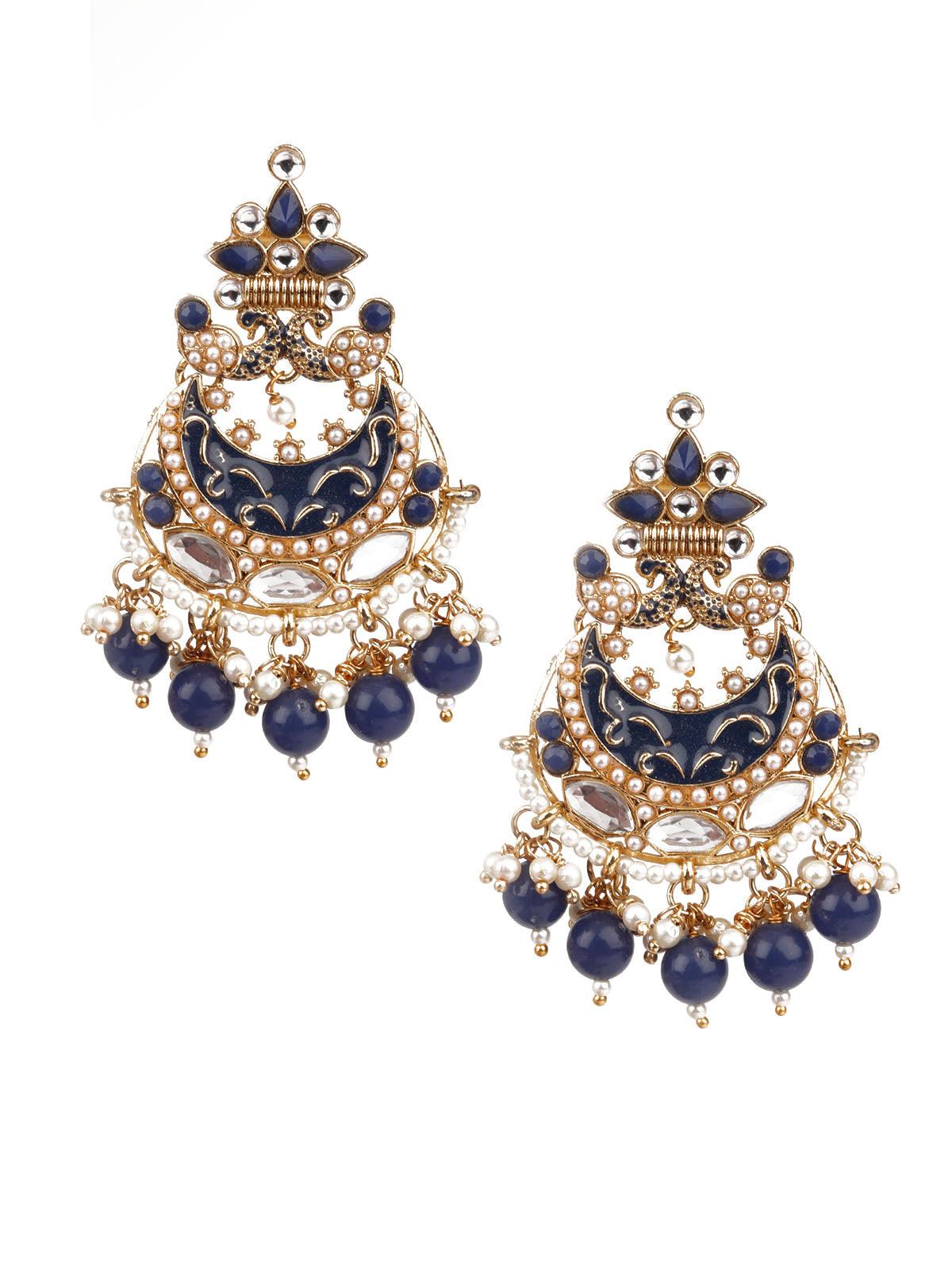 Women's Designer Blue And Gold Chandbali For Women - Odette