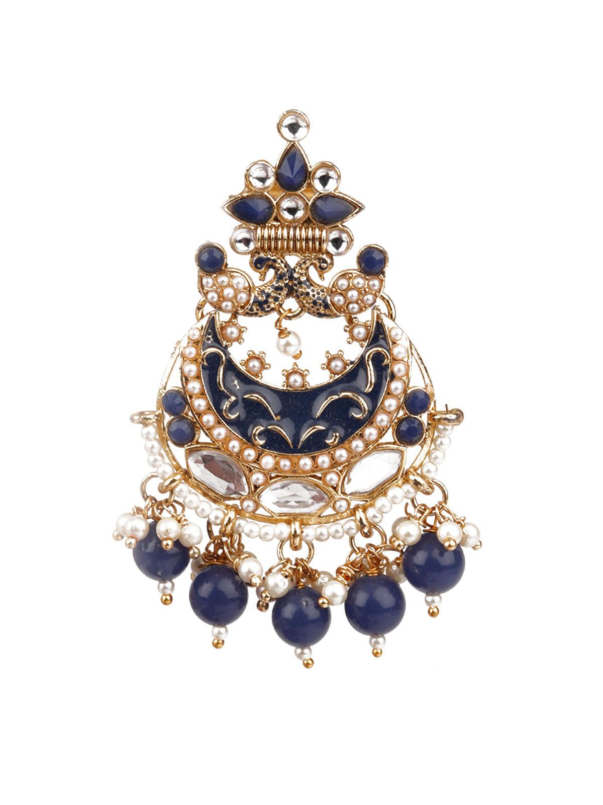 Women's Designer Blue And Gold Chandbali For Women - Odette