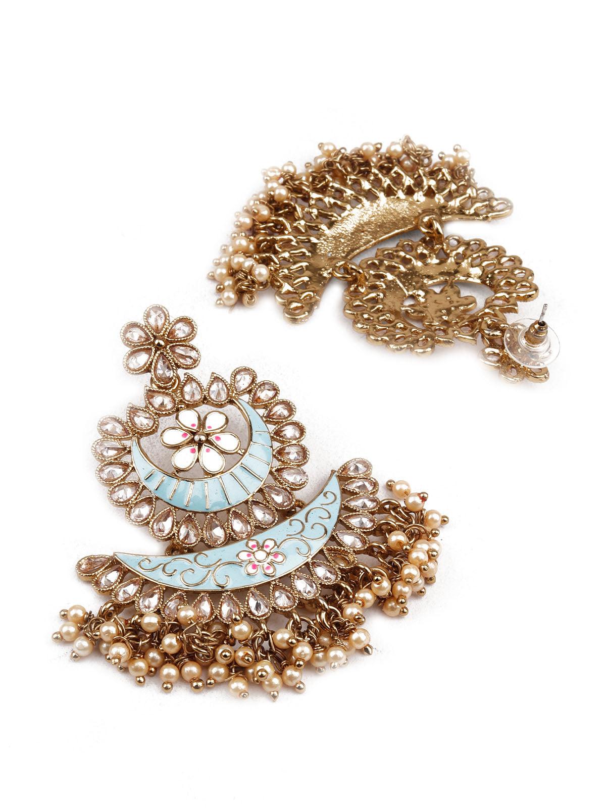 Women's Designer Blue And Gold Layered Chandbali Earrings - Odette